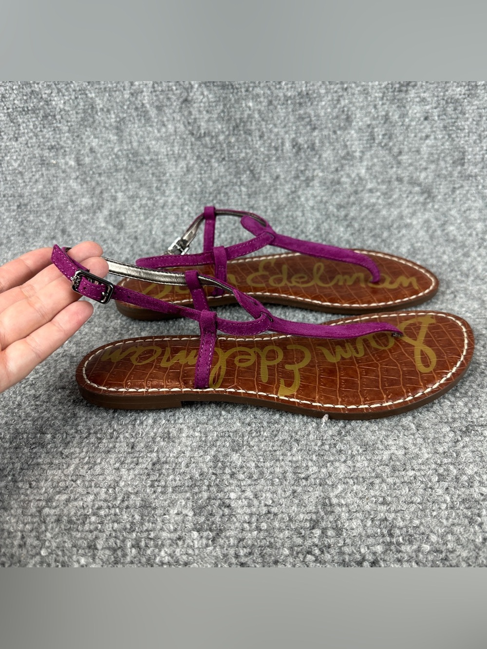 Sam Edelman Gigi Thong Sandals 7.5 Purple Suede Ankle Strap Flat Comfort - Picture 5 of 16